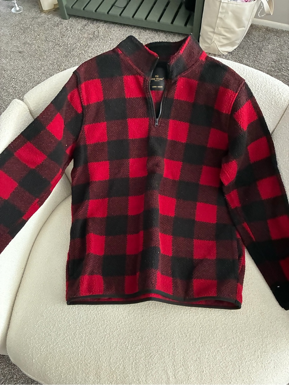 Men's Red and Black Buffalo Plaid Quarter-Zip Sweater